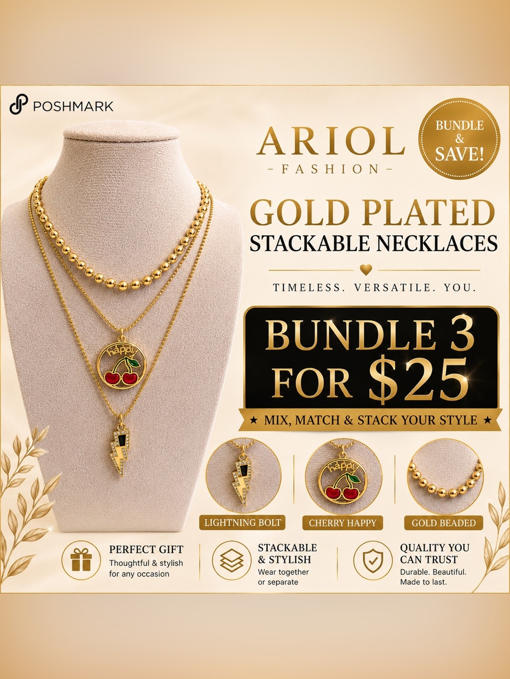 ARIOL Fashion Gold-Plated Stackable Necklace Set - Gold Cherry & Lightning Bolt